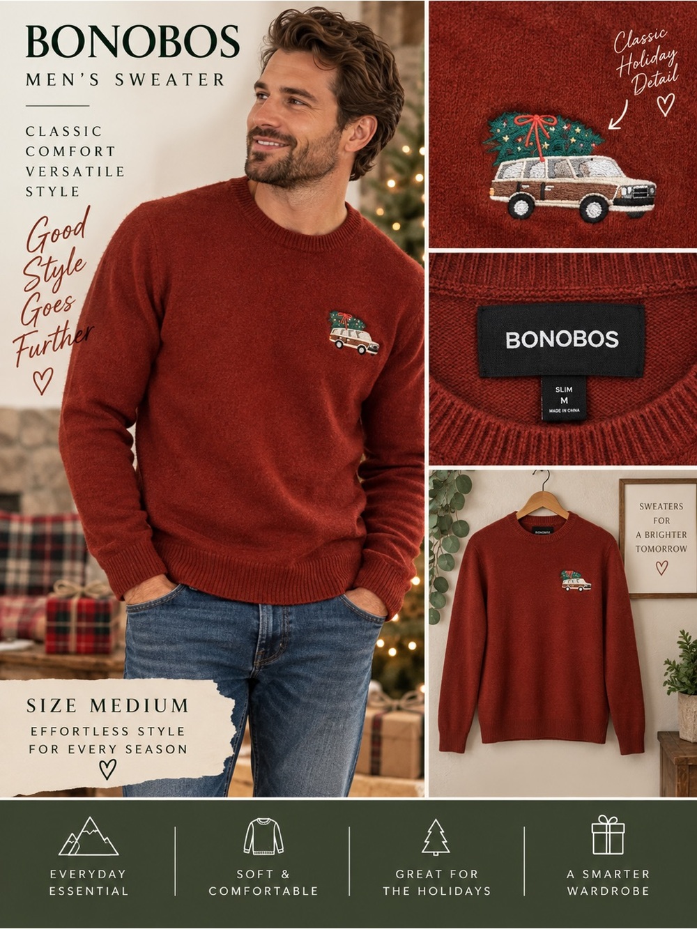 Bonobos Men’s M Red Holiday Sweater Christmas Tree Car Embroidered Slim